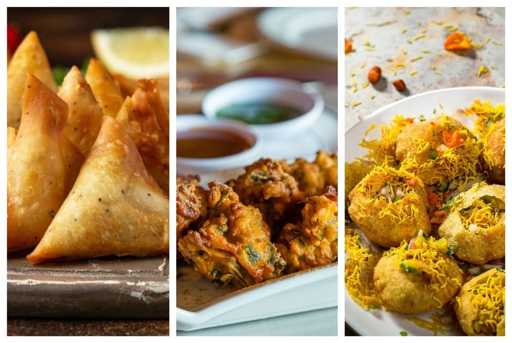 samosas, pakoras e pani puri