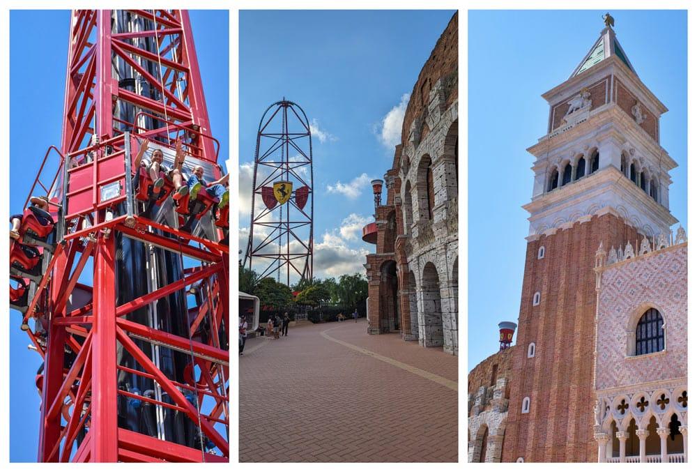 attrazioni di ferrari land, montagne russe e ambientazione italiana