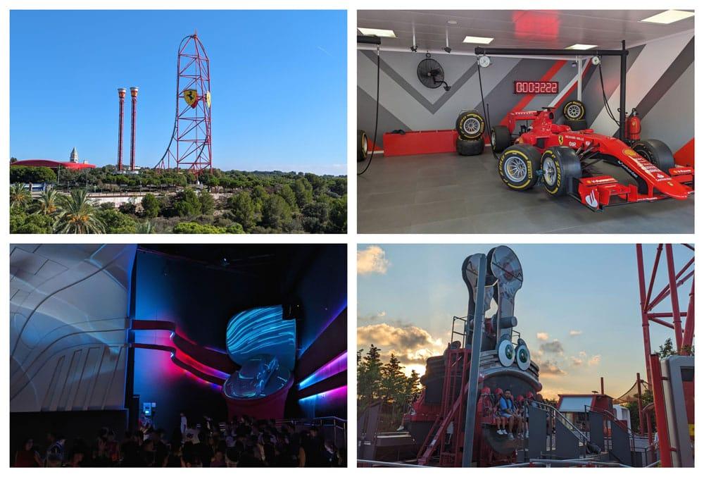 collage con attrazioni di ferrari land come simulatori o montagne russe