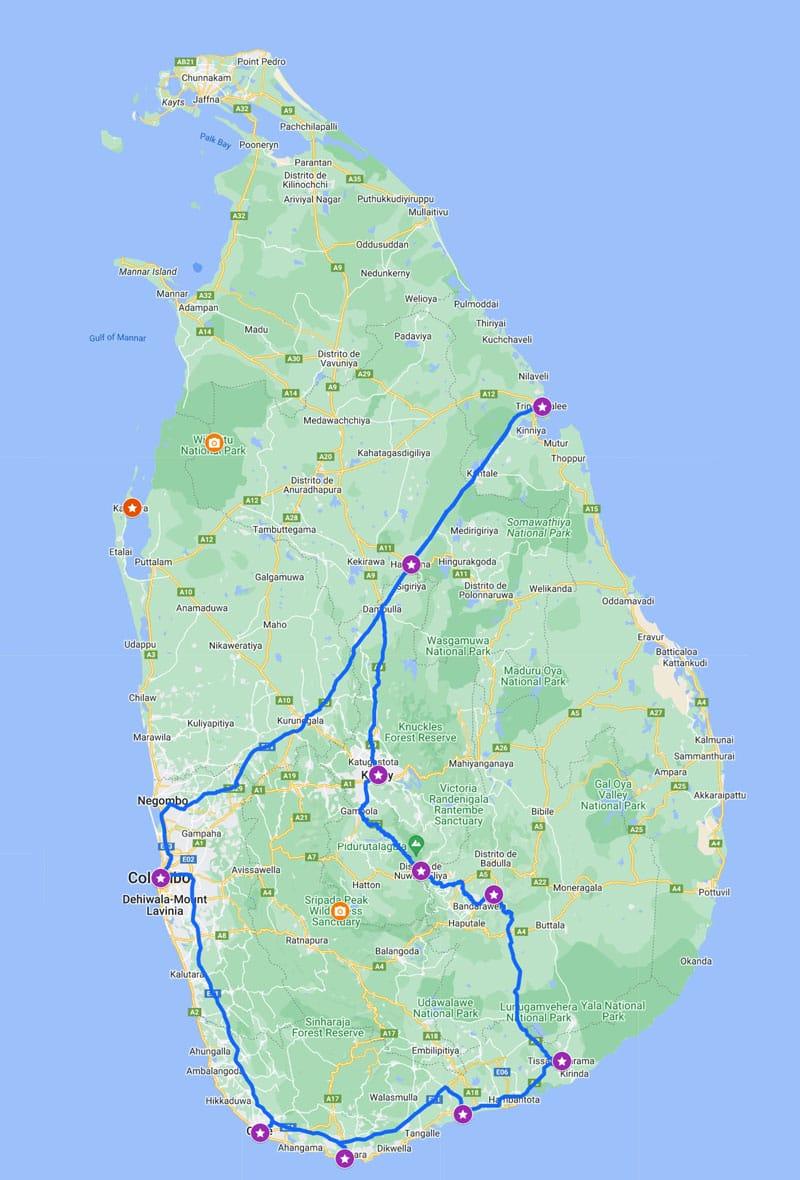 mappa itinerario viaggio Sri Lanka