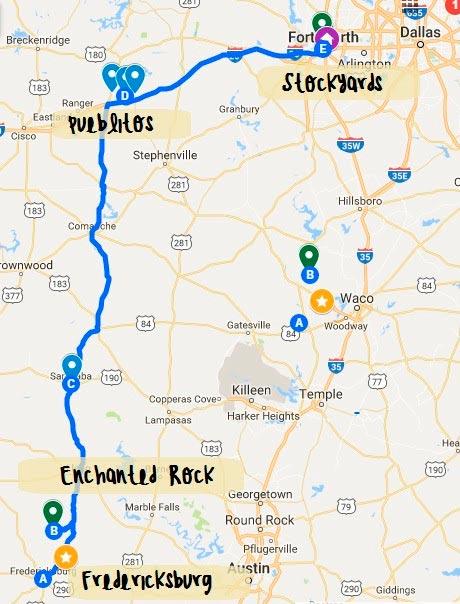 mappa dell'itinerario giorno 2 texas