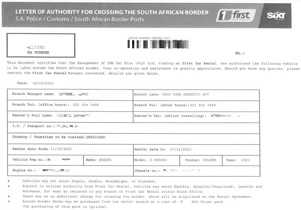 autorizzazione per attraversare il confine Sudafrica-Eswatini in auto a noleggio
