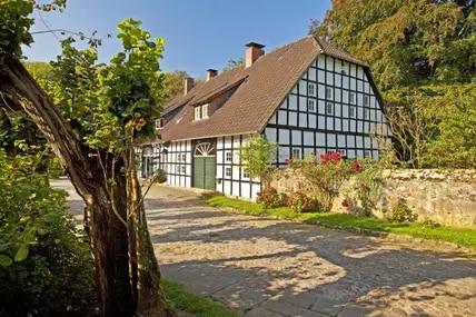 Tecklenburg ist eine gemütliche Stadt für Fachwerkfans. Hier taucht die Sonne ein Bauernhaus in warmes Licht. 